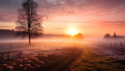 Sunset Casting a Golden Glow over a Misty Meadow