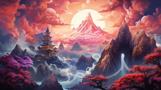 A painting that depicts a mountain and a japanese castle in the background