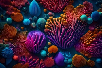 Deep-sea abstraction with vibrant vector elements resembling an otherworldly coral garden, the interplay of abstract shapes and sandy textures creating an atmosphere of tranquility and enigma - obrazy, fototapety, plakaty