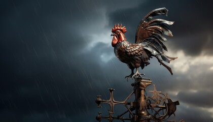 A Majestic Rooster Perched on a Weather Vane - obrazy, fototapety, plakaty