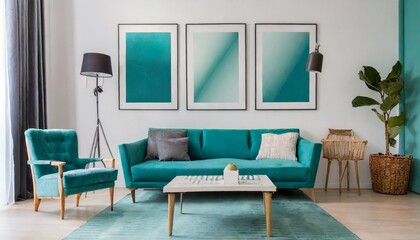 Teal sofa and armchair against white wall with three art posters. Scandinavian style home interior design of modern living room.