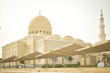 the beautiful exterior view of mosque with dome and minarets