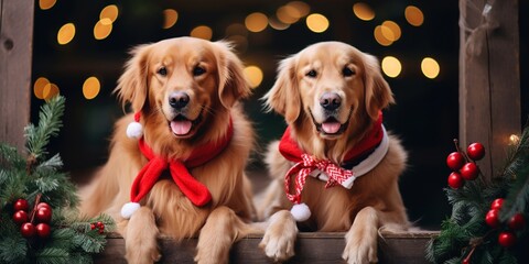 Cute Christmas dressed up Golden retriever dogs couple with red bow tie smiling to the camera on...