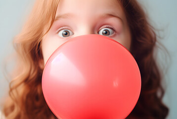 Young teen girl blowing big red bubble with gum close up view. Dental care and lifestyle concept. - Powered by Adobe