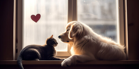 Adorable pair of domestic cat and golden retriever dog lying together on windowsill of home window with heart shape on glass indoor - obrazy, fototapety, plakaty