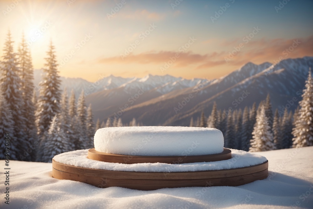 Poster natural podium product display backdrop with dreamy snow field background. ai generative