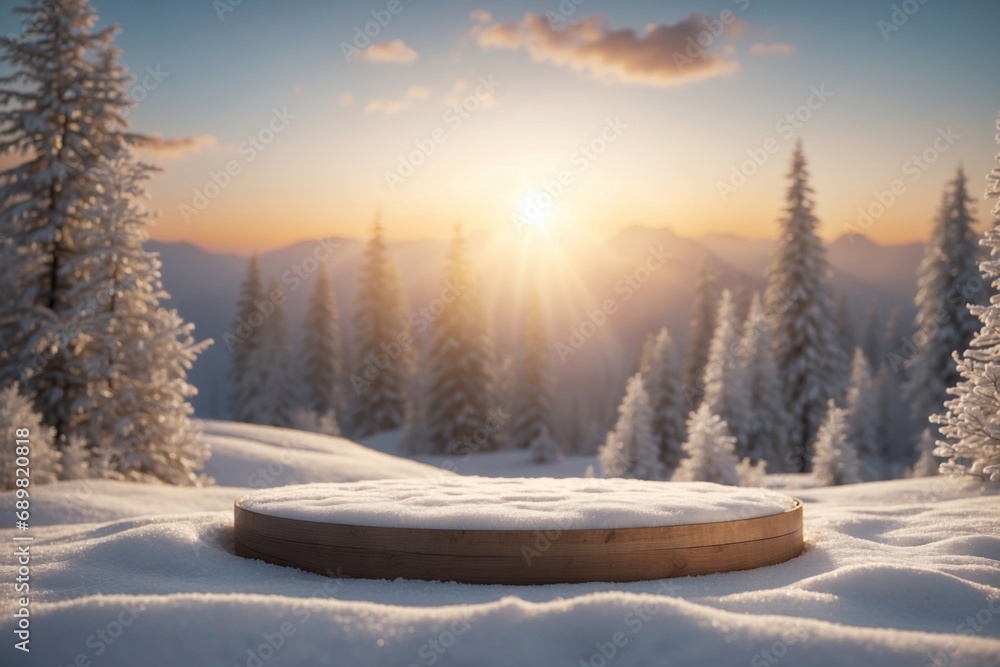 Poster natural podium product display backdrop with dreamy snow field background. ai generative