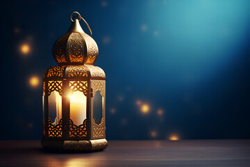 Muslim New Year greeting card, lamp, blurry lights. Ramadan Kareem golden lantern on a light blue dark background with highlights.