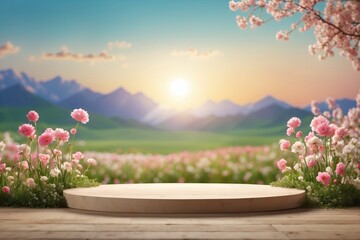 Natural podium product display backdrop with dreamy spring blooming field background. ai generative