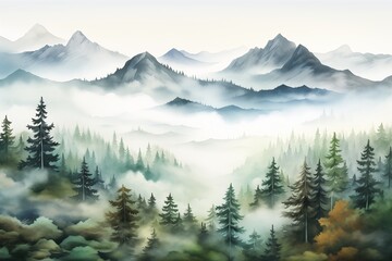 mountain forest fog cute paid assets store illustration view zoomed out tall spires volumetric young - obrazy, fototapety, plakaty