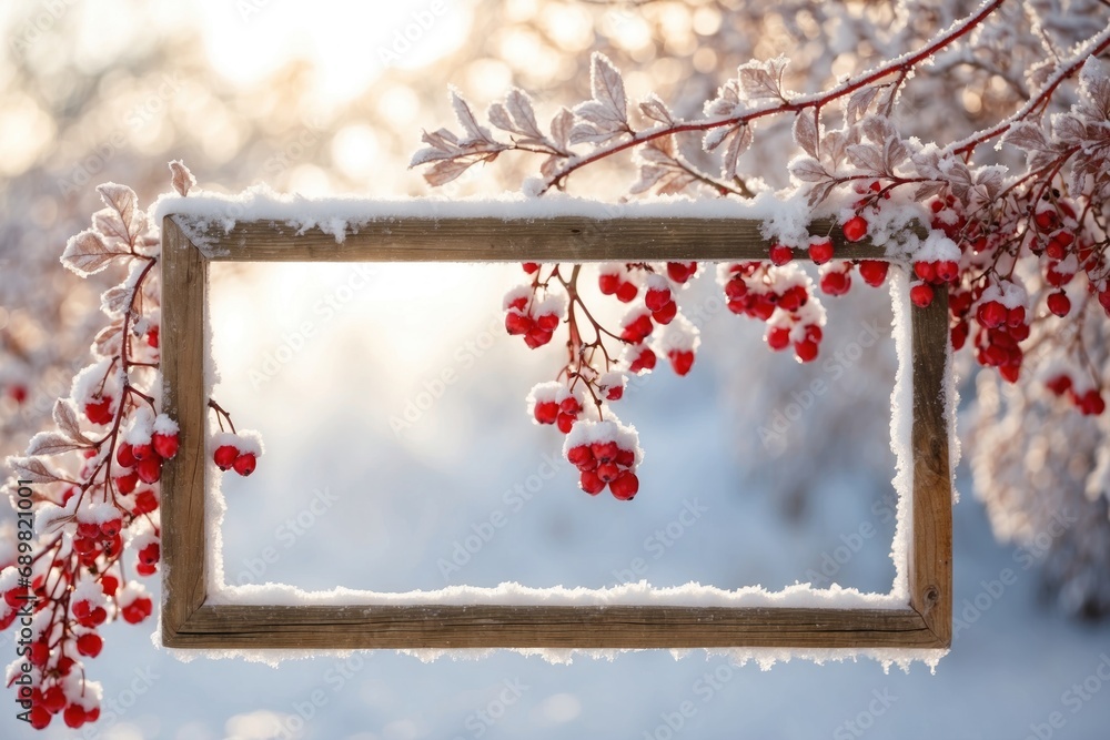 Aufkleber snow covered board frame framed by branches with red berries covered in frost with empty space. ai g