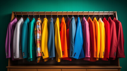 collection of men 's shirts on a wooden background. fashionable clothing.