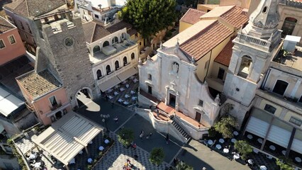 Taormina, Sicily. March 29, 2023. Panoramic aerial view of Isola Bella island and beach in Taormina. Giardini-Naxos bay, Ionian sea coast, Taormina, Sicily, Italy