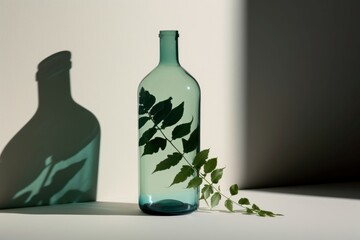 Glass bottle with green leaf decoration in sunshine indoor. Empty flask with plant decoration on white surface. Generate ai