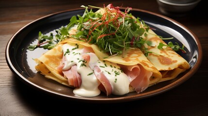 A picture of a scrumptious crepe that features serrano ham, cream cheese, and chipotle dressing.