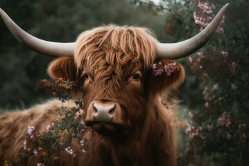 Brown fluffy cow with branches flower. Adorable calf in nature blossom bush. Generate ai