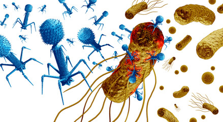 Phage and Bacteriophage attacking bacteria as a virus that infects bacteria as a bacterial virology symbol as a pathogen that attacks bacterial infections as bacteriophages. - obrazy, fototapety, plakaty