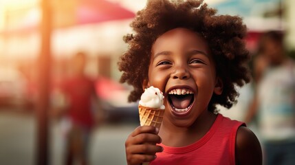pure joy of a laughing black child in dress savoring ice cream on a hot day.