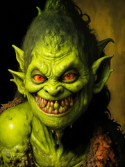 A hideous, monstrous troll, its grotesque features strike fear into the hearts of all who gaze upon it: warty green skin, sharp, yellowed teeth dripping with saliva, and piercing, malevolent crimson e