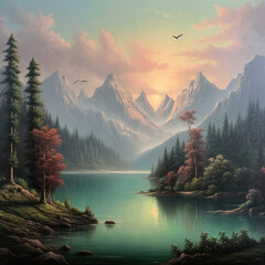 A serene lakeside scene with mountains .Generative ai