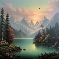 Rideaux velours Europe du nord A serene lakeside scene with mountains .Generative ai