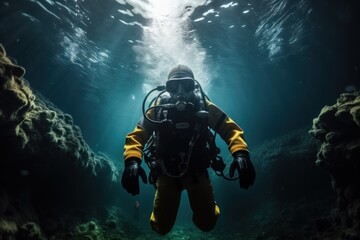 Naklejka na ściany i meble Scuba diver. Scuba diver exploring underwater cave. Underwater life Concept. Marine Life concept. Scuba diver in the deep blue sea. 