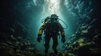 Naklejka na ściany i meble Scuba diver. Scuba diver exploring underwater cave. Underwater life Concept. Marine Life concept. Scuba diver in the deep blue sea. 