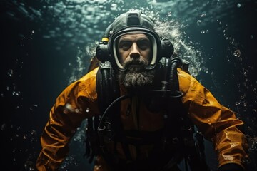 Scuba diver. Scuba diver exploring underwater cave. Underwater life Concept. Marine Life concept. Scuba diver in the deep blue sea. 