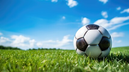 Fototapeta premium exhilarating image showcasing a soccer ball against a vivid blue sky and lush green grass backdrop.