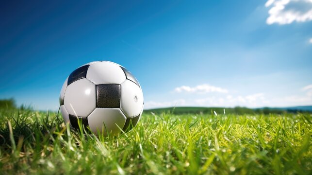 exhilarating image showcasing a soccer ball against a vivid blue sky and lush green grass backdrop.