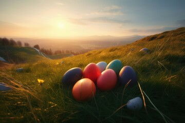 Colored eggs on hills. Multicolored Easter eggs in green grass with sunset view. Generate ai