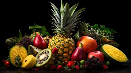 On a black background, tropical fruits such as passion fruit, pineapple, dragon fruit, kiwi, and cactus are laid out with ample space for writing on the top view.