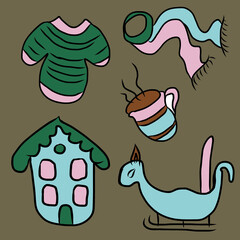 winter picture, fairy winter house, coloring book, winter scarf, cup with hot drink, winter sweater, fairy sleigh