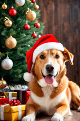Background for calendars, postcards, posters, greetings. Cute domestic dog on a New Year's backgrounds with gifts.