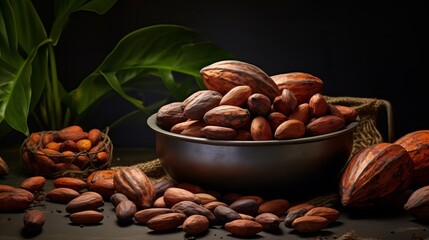 Place fresh cocoa fruits in a bowl on the table. fruit that is tropical.