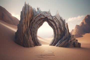 Gate entrance fantasy in dune digital art. Desert magical entry rocky arch gateway. Generate ai - obrazy, fototapety, plakaty