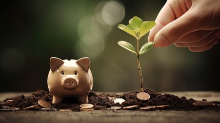 A seedling growing on a pile of coins and a hand that is giving coins to the tree, ideas for saving money and growing economically.