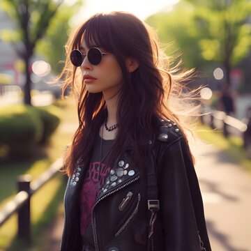 Fotograf&iacute;a de chica bonita rockera en un parque con estilo y lentes de sol a la moda 