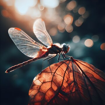 fotograf&iacute;a de libelula yace en una hoja de oto&ntilde;o con un atardecer hermoso a punto de emprender su vuelo