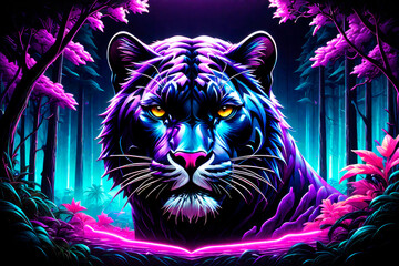 Abstract portrait of a adorable panther in glowing neon style. Animal graphic illustration.