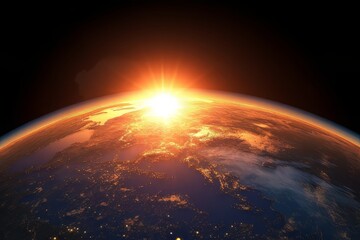 Sunrise view of the planet Earth from space with the sun setting over the horizon - obrazy, fototapety, plakaty