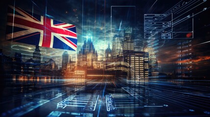 impactful image with a multi-exposure of a creative financial graph and world map overlay on the British flag.