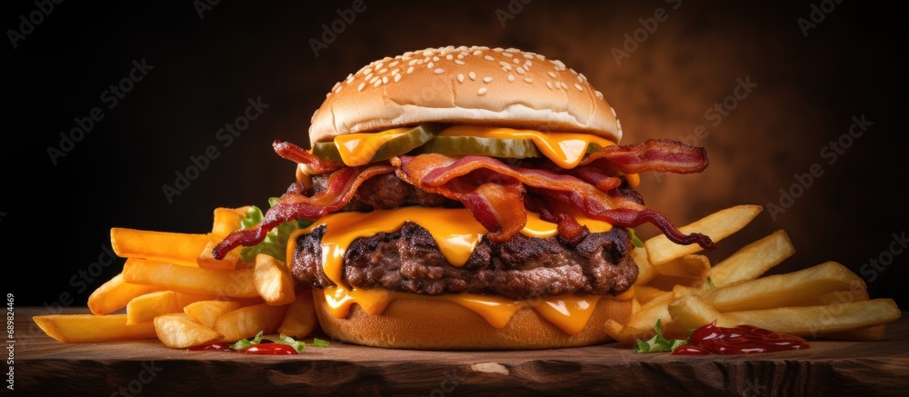 Poster Classic Double Bacon Cheese Smash Burger with a Side of Sweet Potato Fries. Copyspace image. Square banner. Header for website template