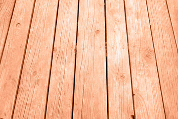 Fototapeta premium Light wood plank background. Perspective view of hardwood pattern peach color of the year 2024