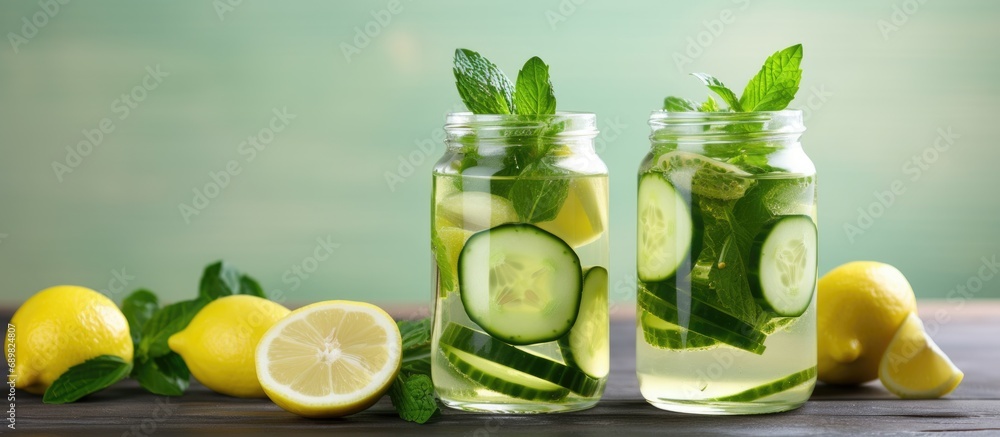 Leinwandbilder Cucumber infused detox water in a glass with ice Homemade flavored lemonade Fresh cucumber lemonade with basil and lemon in a glass. Copyspace image. Square banner. Header for website template