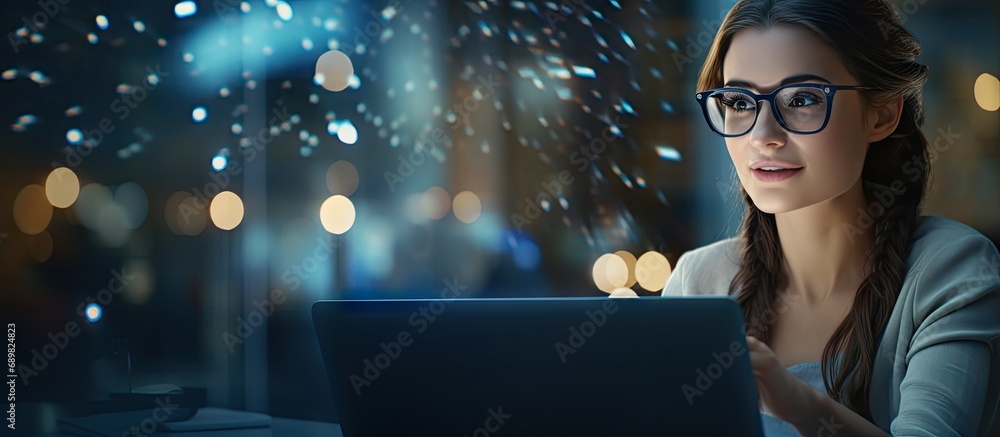 Aufkleber A woman with glasses is a designer who works uses a laptop computer communicates online with a client. Copyspace image. Square banner. Header for website template
