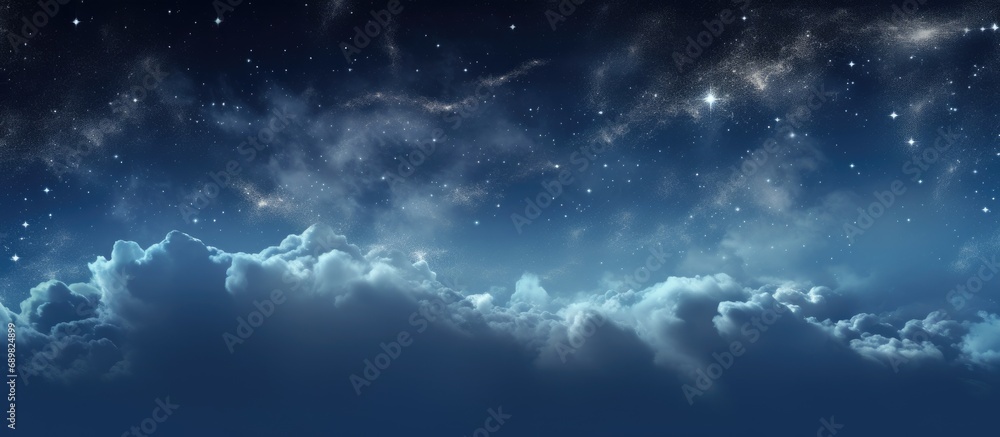 Poster beautiful blue night starry sky deep space with clouds and stars. copyspace image. square banner. he