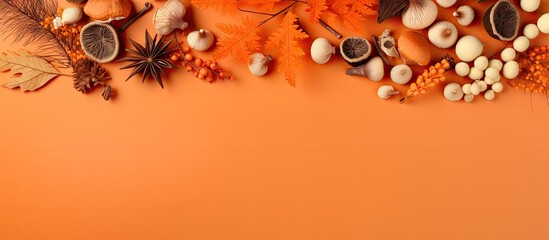 Autumn composition with fresh mushrooms pinecones and acorns on the orange background top view. Copyspace image. Square banner. Header for website template