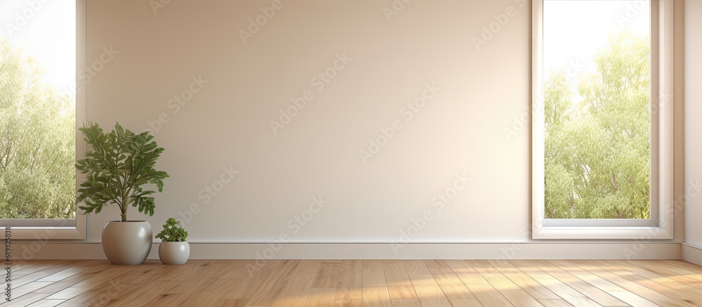 Aufkleber an empty room with wood flooring and white shuttered window coverings on either side of the room there is a view. Copyspace image. Square banner. Header for website template