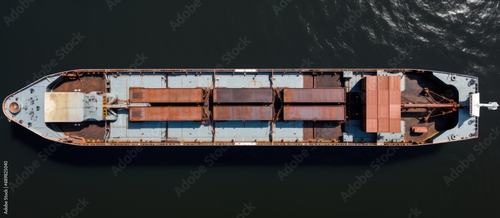 Poster cargo ship or bulk carrier loaded to the brim with grain is preparing for departure working sailors on deck are completing work aerial view. Copyspace image. Square banner. Header for website template
